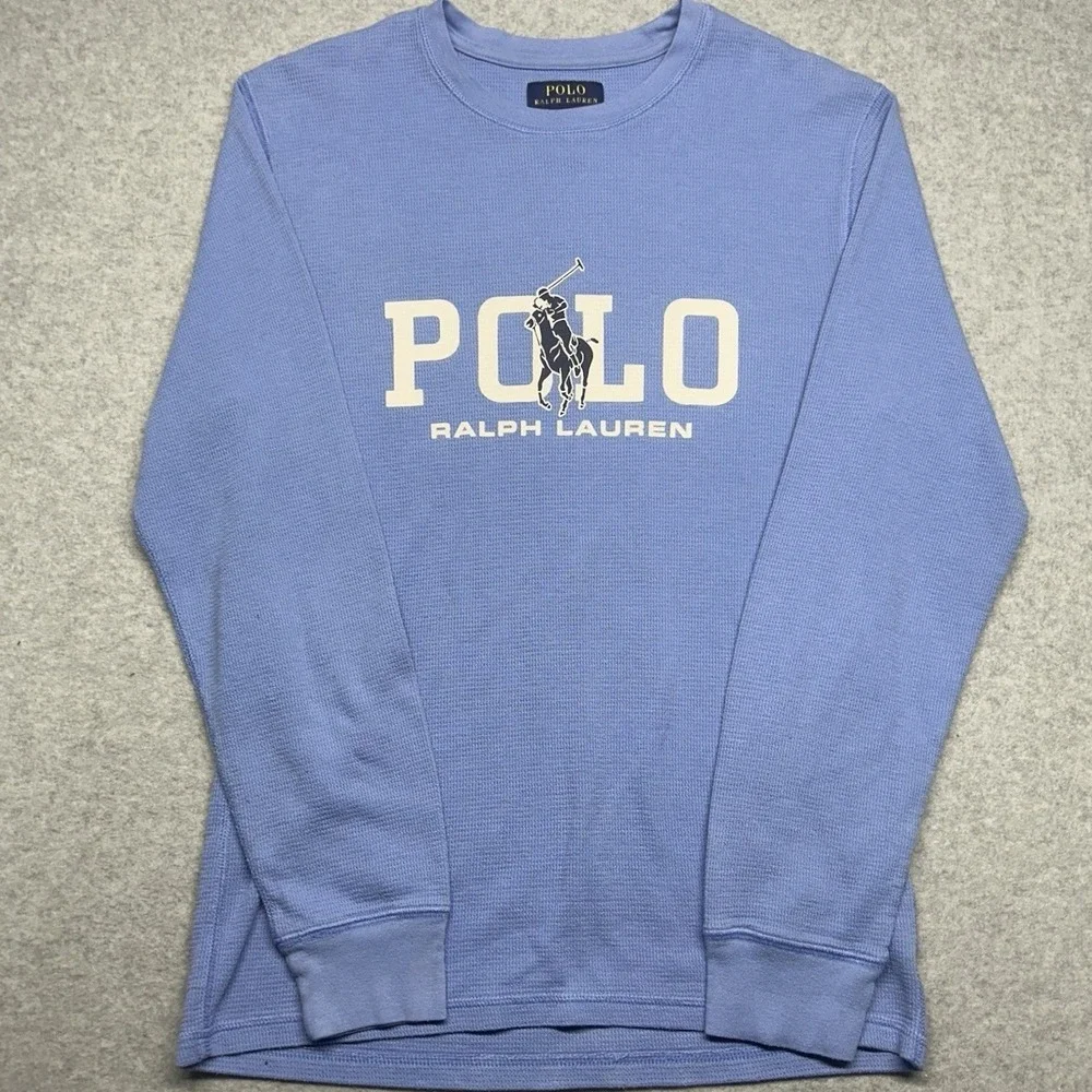 Polo Ralph Lauren Thermal Shirt Blue Mens Medium Waffle Knit Logo Sleepwear Top